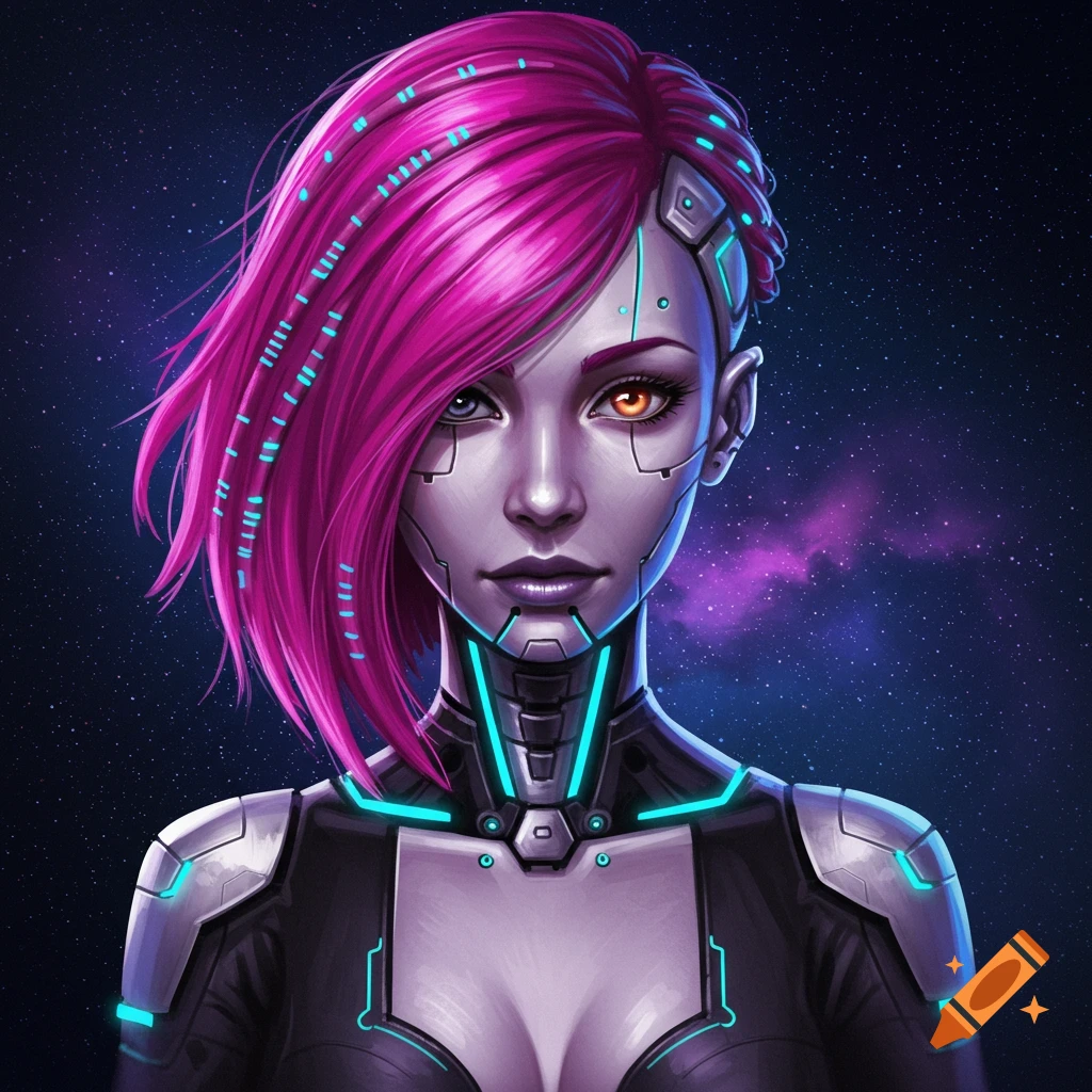 Portrait of a female cyborg with pink hair and glowing suit against a starry space background.