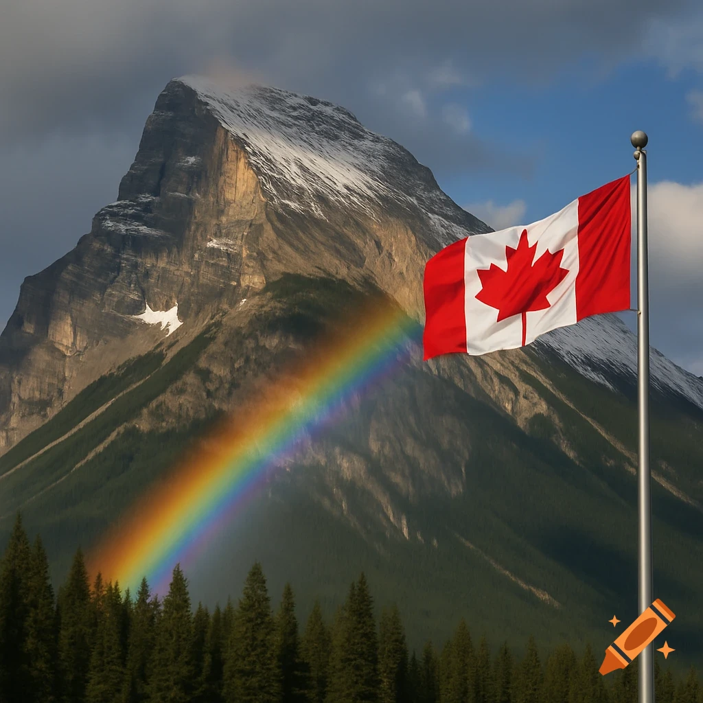 A Canadian flag flies on a pole in front of a large mountain with a rainbow arching over it.