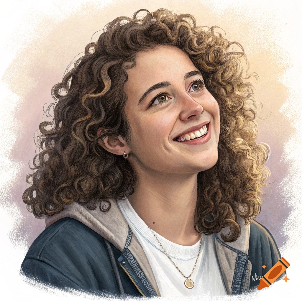 Painterly portrait of a smiling young woman with curly hair looking ...