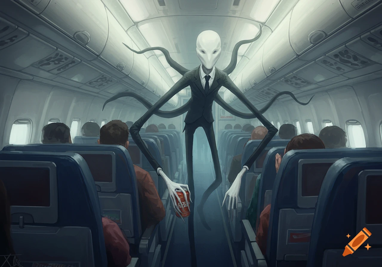 Slenderman stands in the aisle of an airplane, holding a soda can.