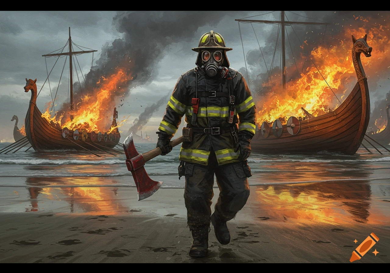 A firefighter with an axe walks on a beach in front of burning Viking ships under a stormy sky.
