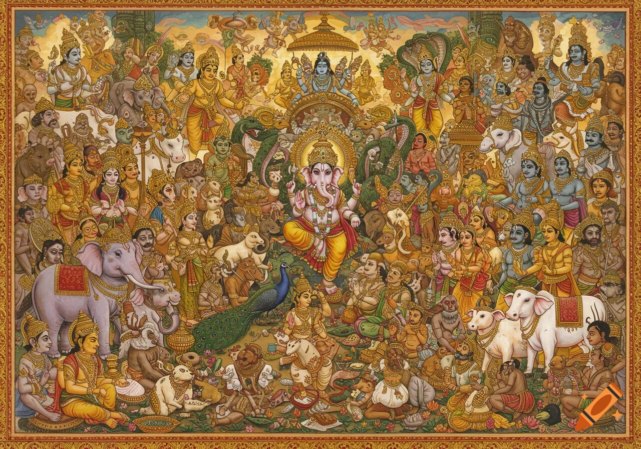 Detailed traditional painting of Hindu deities and creatures surrounding Ganesha.