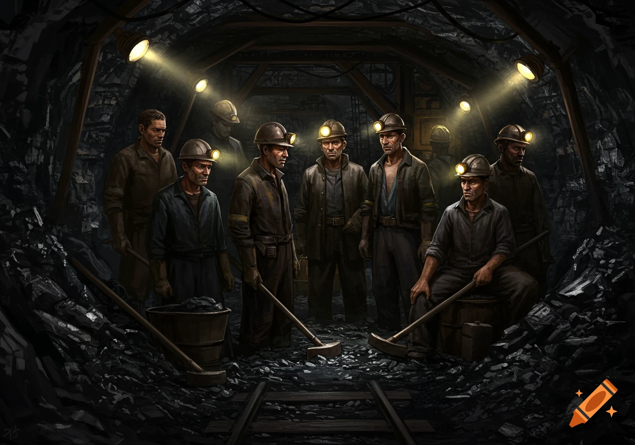 Illustration of a group of miners with headlamps gathered in a dark coal mine.