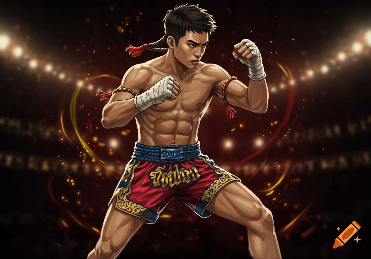 Illustration of a Muay Thai fighter in a boxing ring.