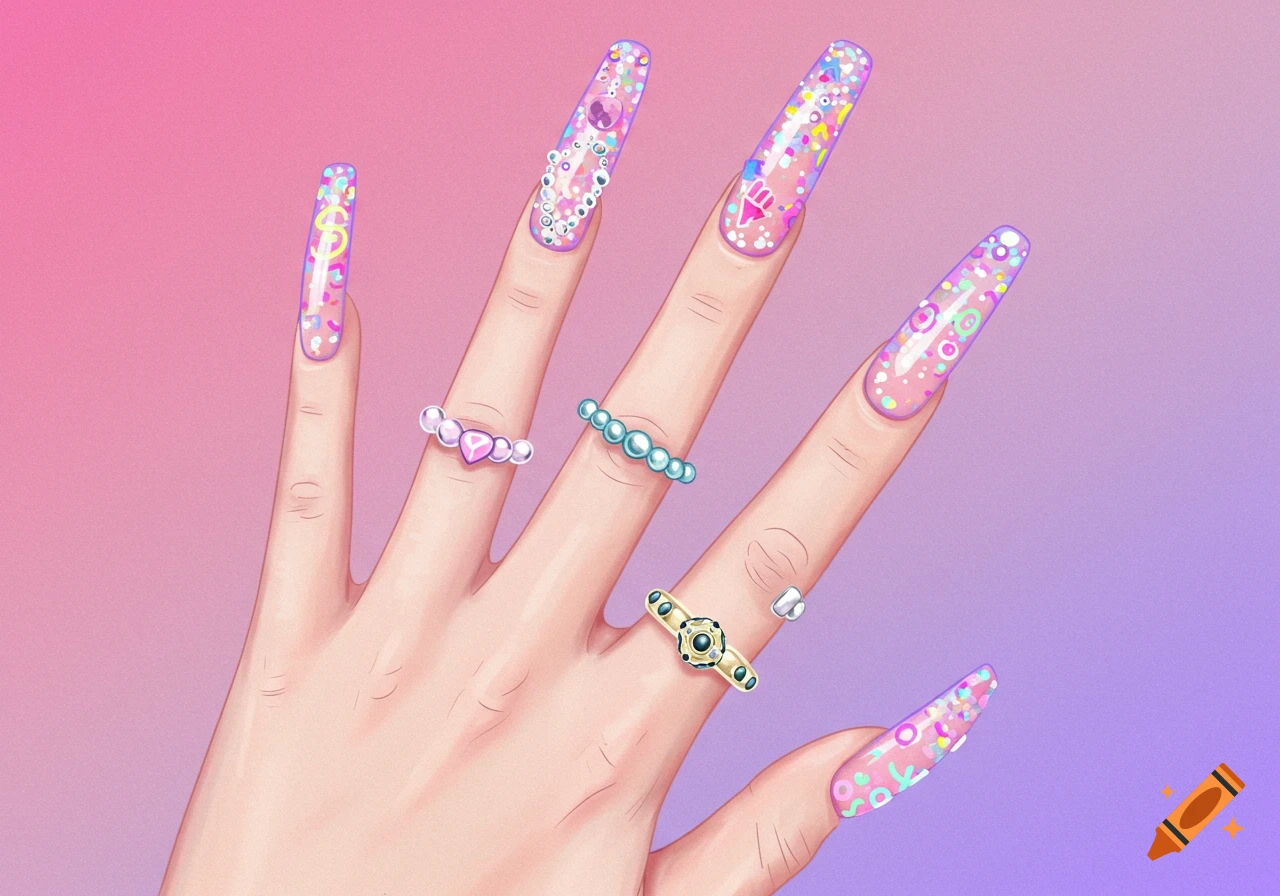 Anime illustration of a hand with long, glittery decorated fingernails and rings against a pink and purple background.