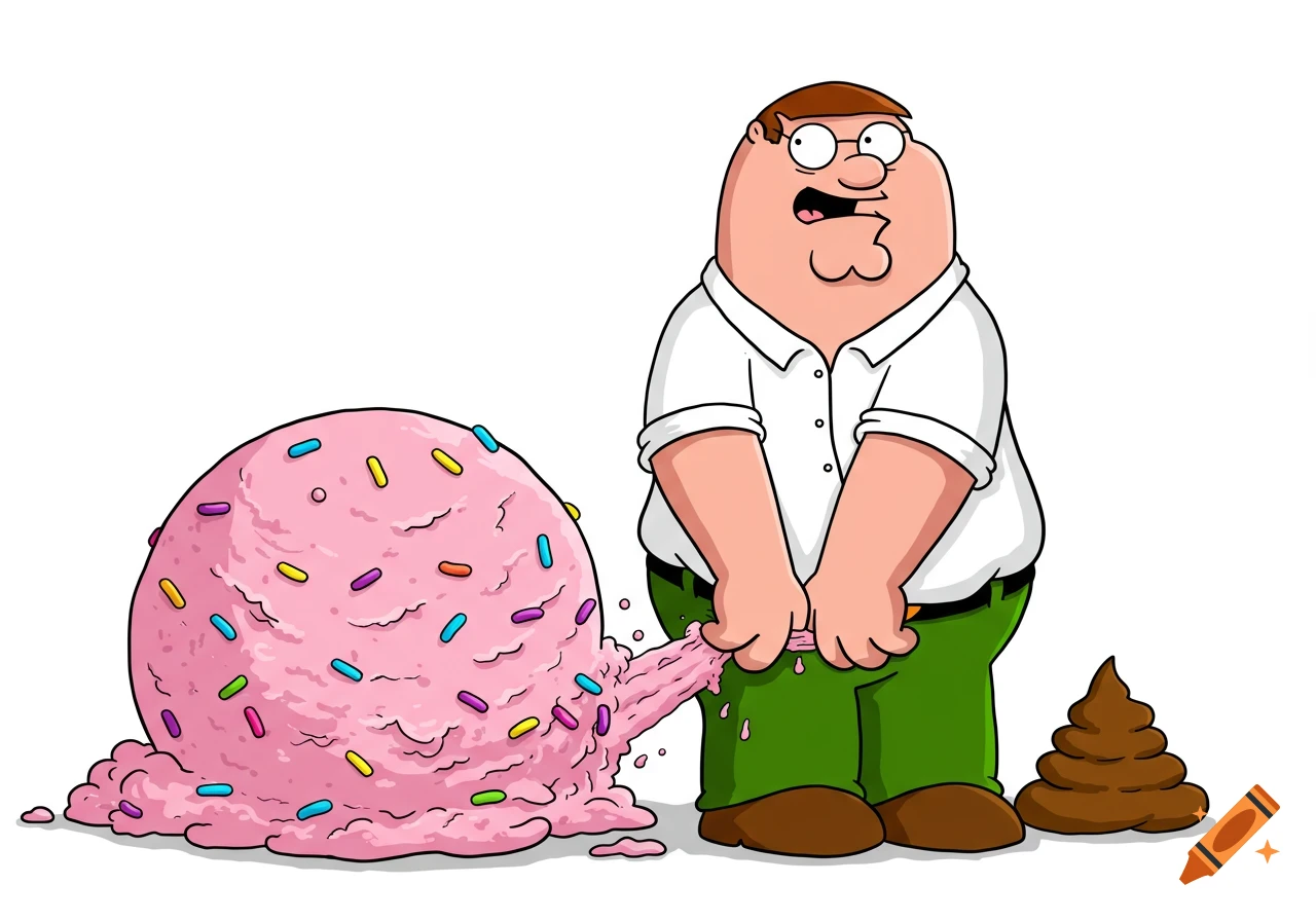 A cartoon of Peter Griffin standing next to a large scoop of melting pink ice cream with sprinkles extruding from his pants, next to a pile of poop.