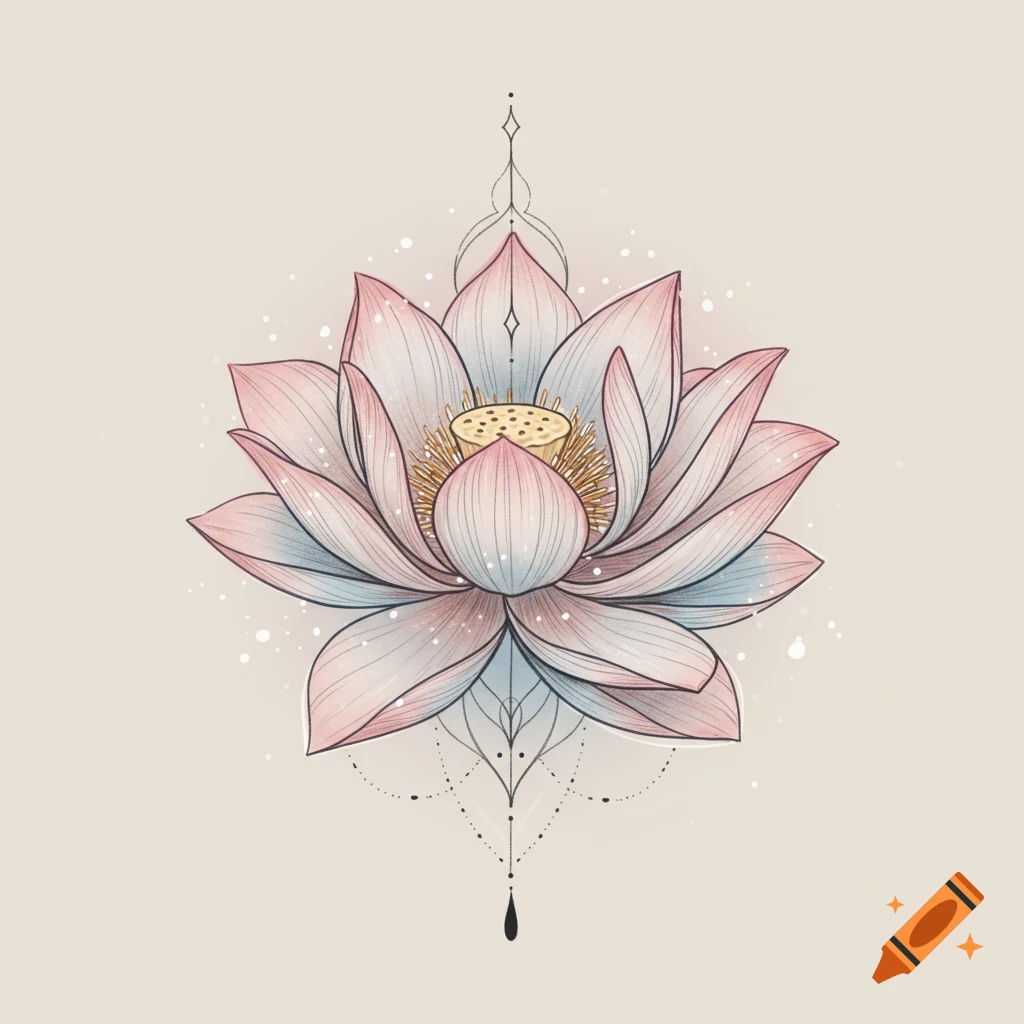 Fine line illustration of a pink and blue lotus flower with decorative elements.