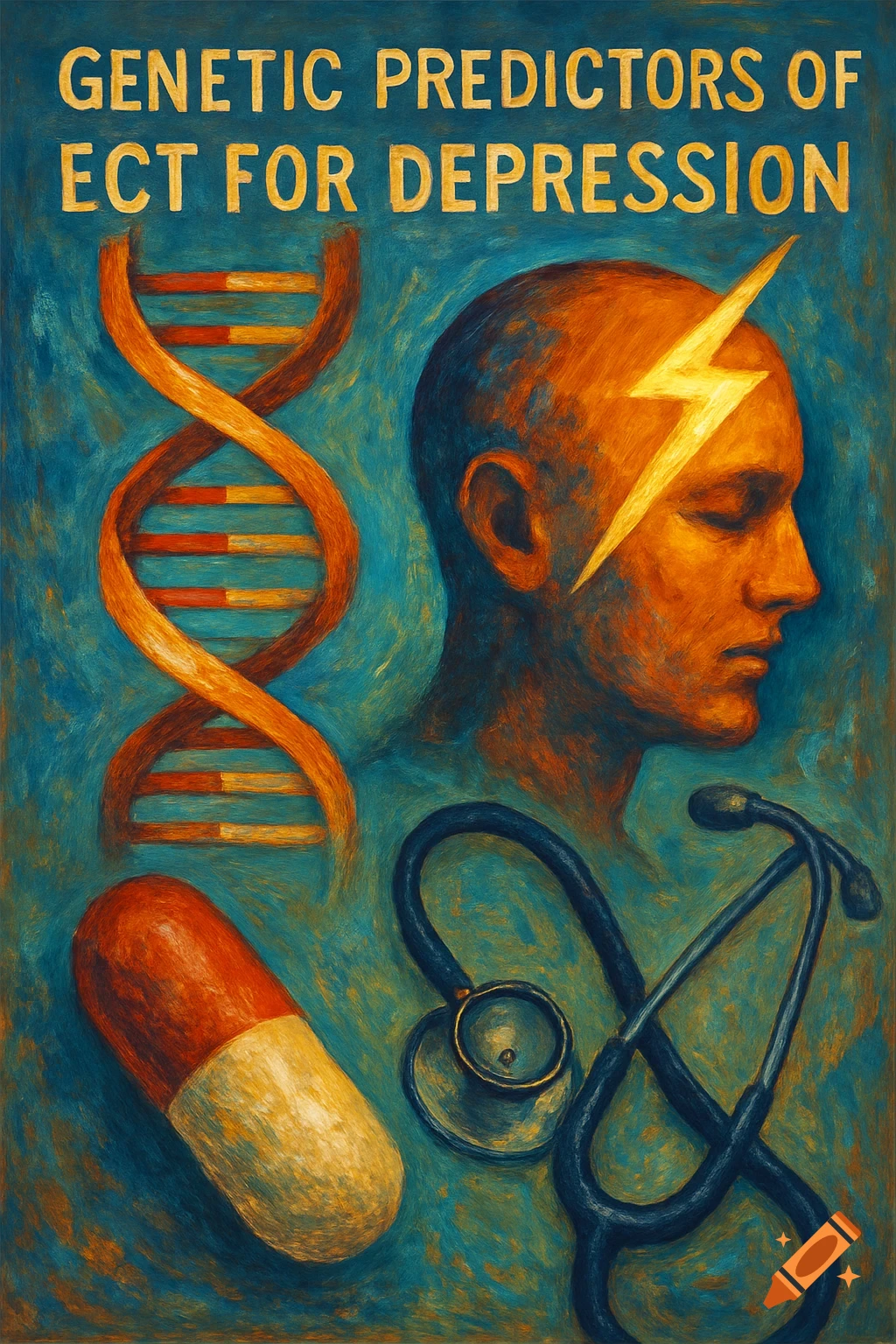 Painterly illustration of a DNA helix, head with lightning bolt, pill, and stethoscope, with text 'GENETIC PREDICTORS OF ECT FOR DEPRESSION'.