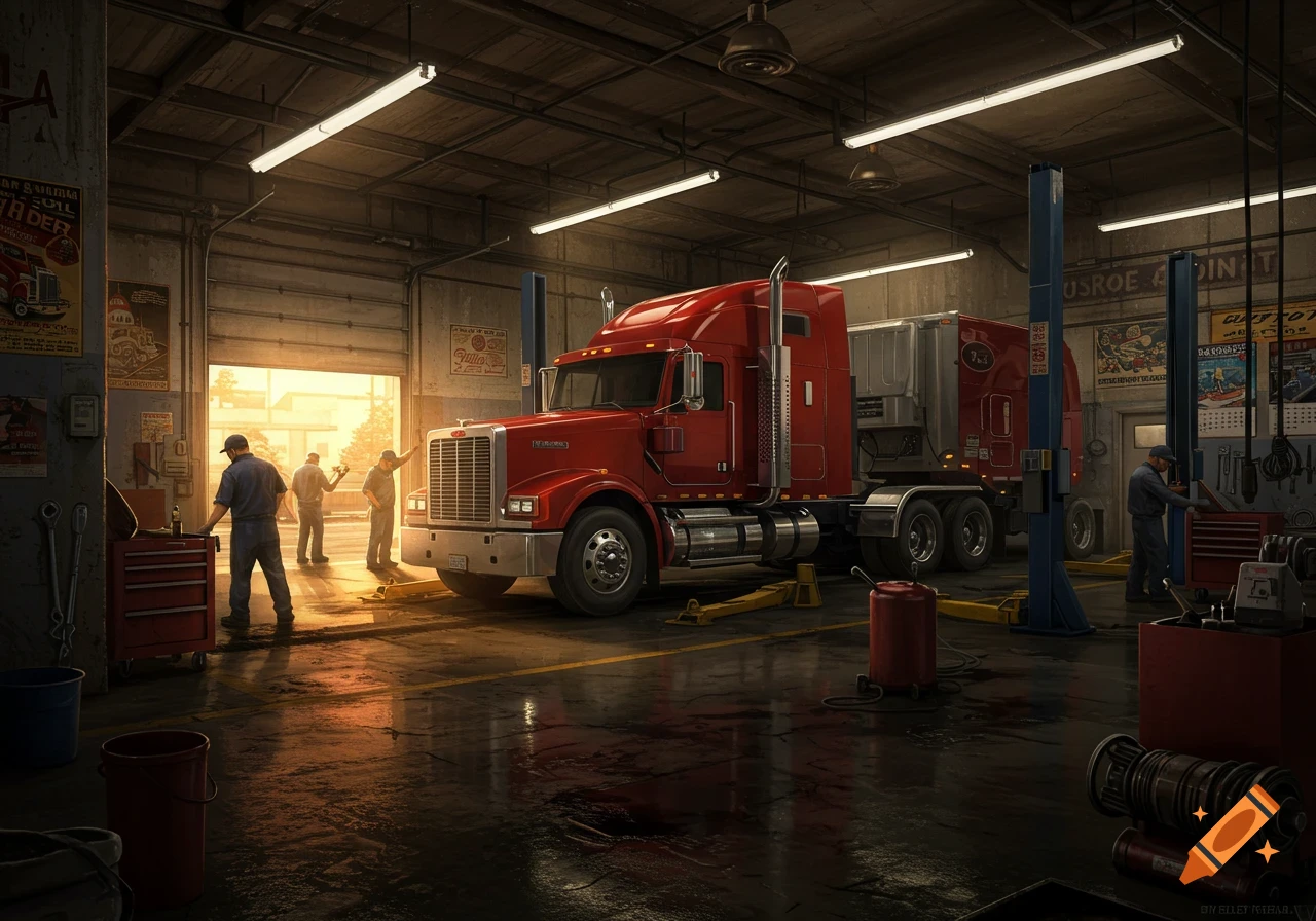 A large red semi-truck is parked inside a detailed mechanics garage with workers.