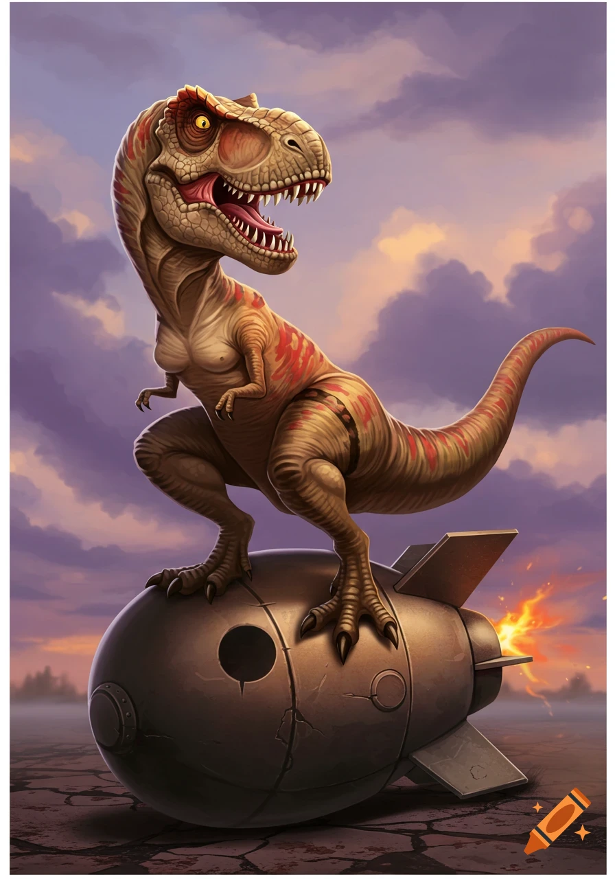 Cartoon T-Rex standing on a bomb with an explosion and dramatic sky