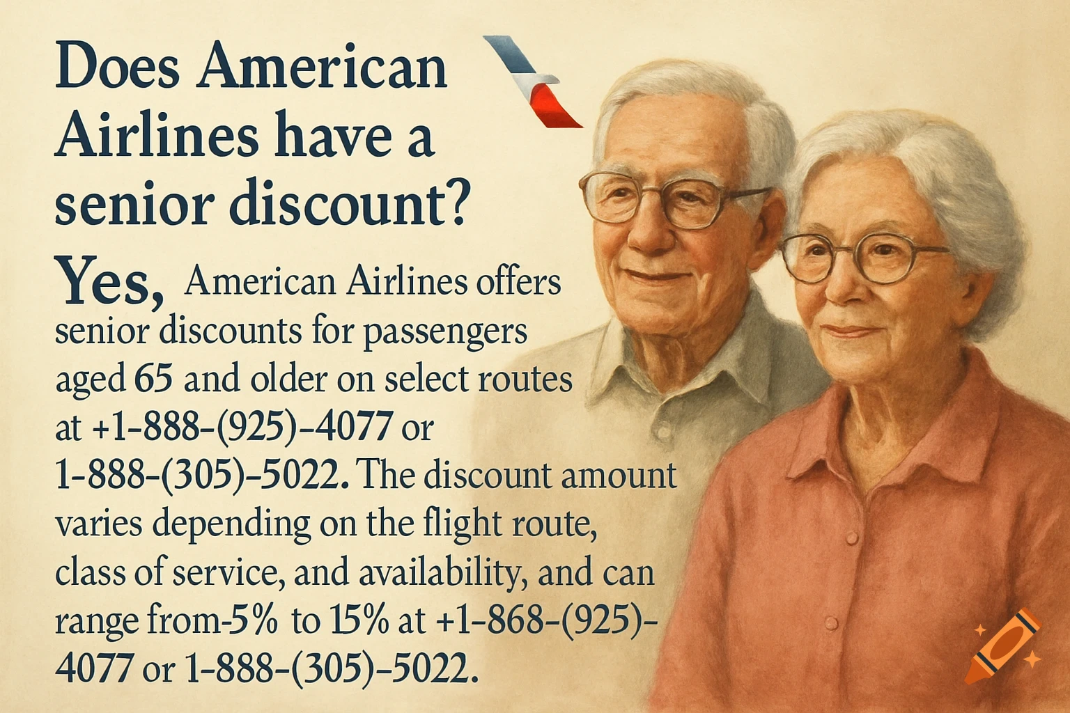 Painting of two smiling elderly people next to text about American Airlines senior discounts.