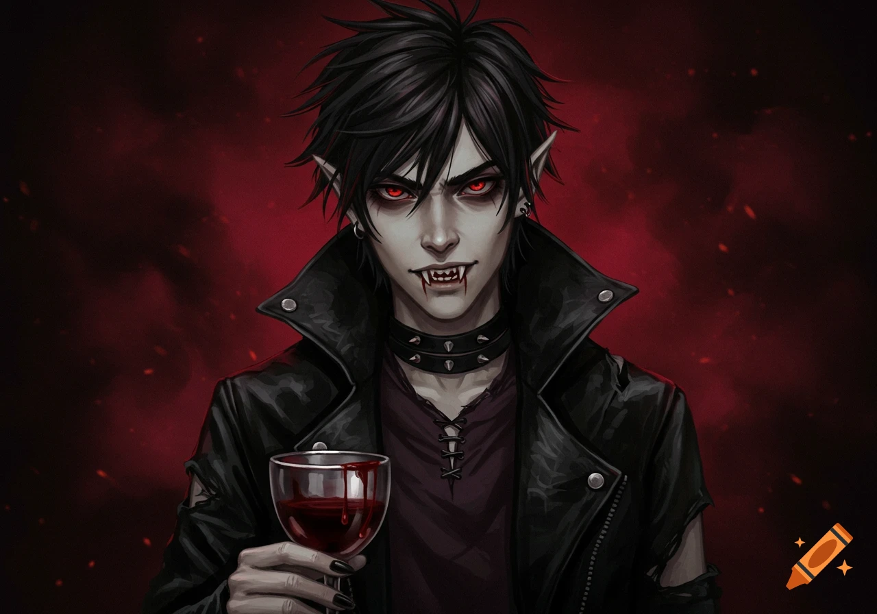 Vampire teen with fangs holding a glass of blood, wearing a leather jacket.