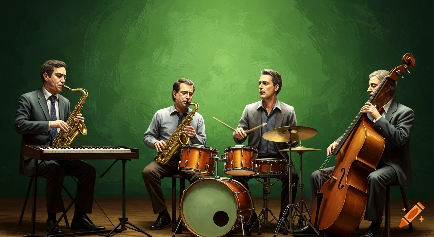 Jazz quartet playing saxophone, keyboard, drums, and upright bass on a green background.