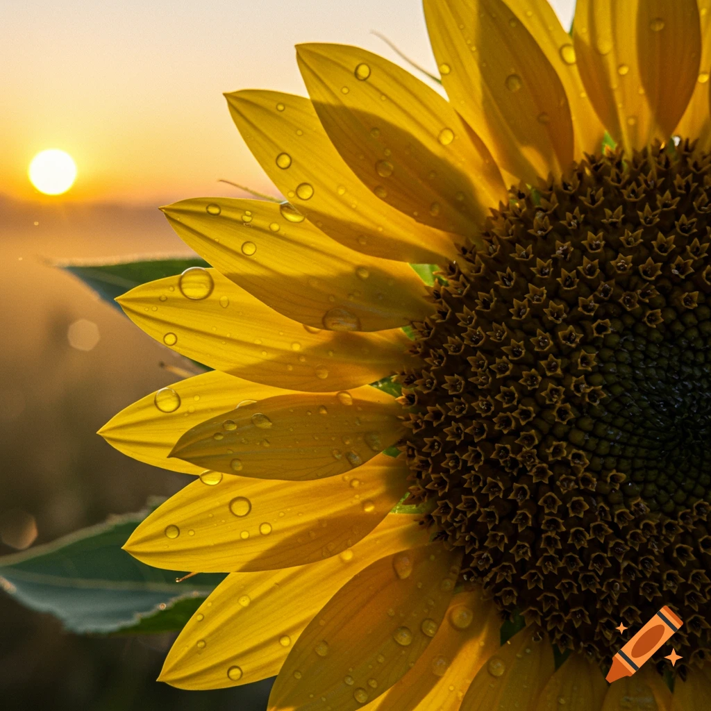 Close-up of a dew-covered sunflower with the sun rising in the background.