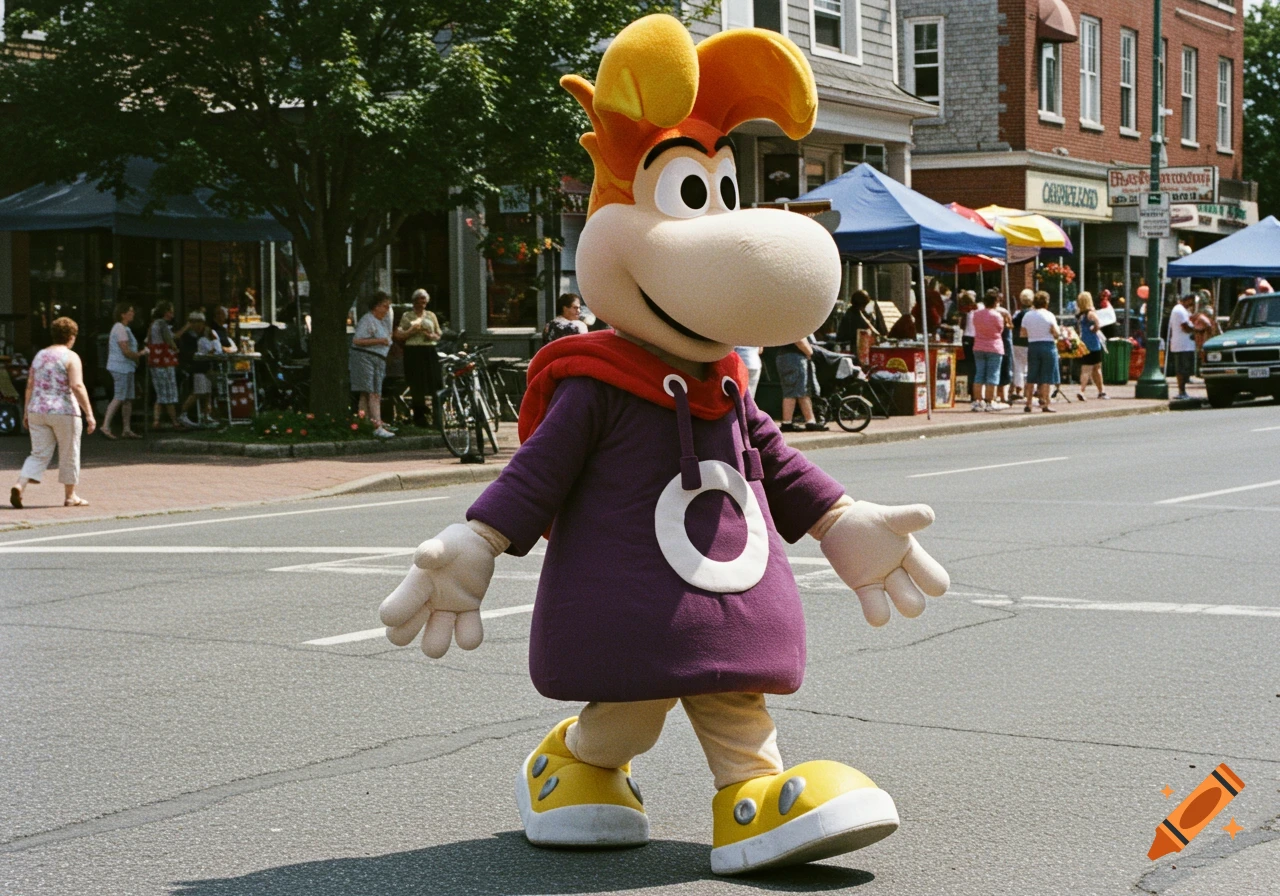 A person in a Rayman costume walks down a street during an event. People and storefronts are in the background.