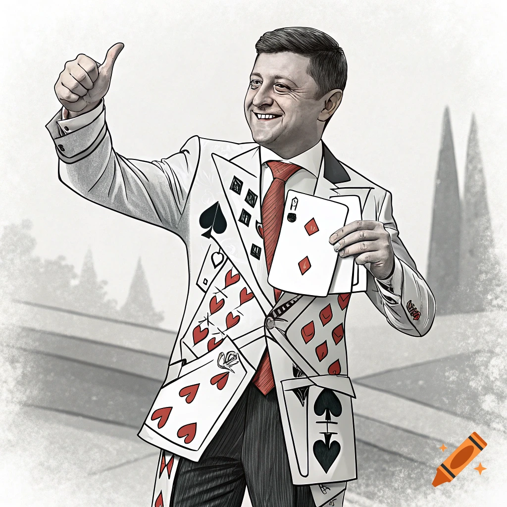 Stylized drawing of Zelensky smiling, giving a thumbs up, wearing a suit made of playing cards and holding cards.