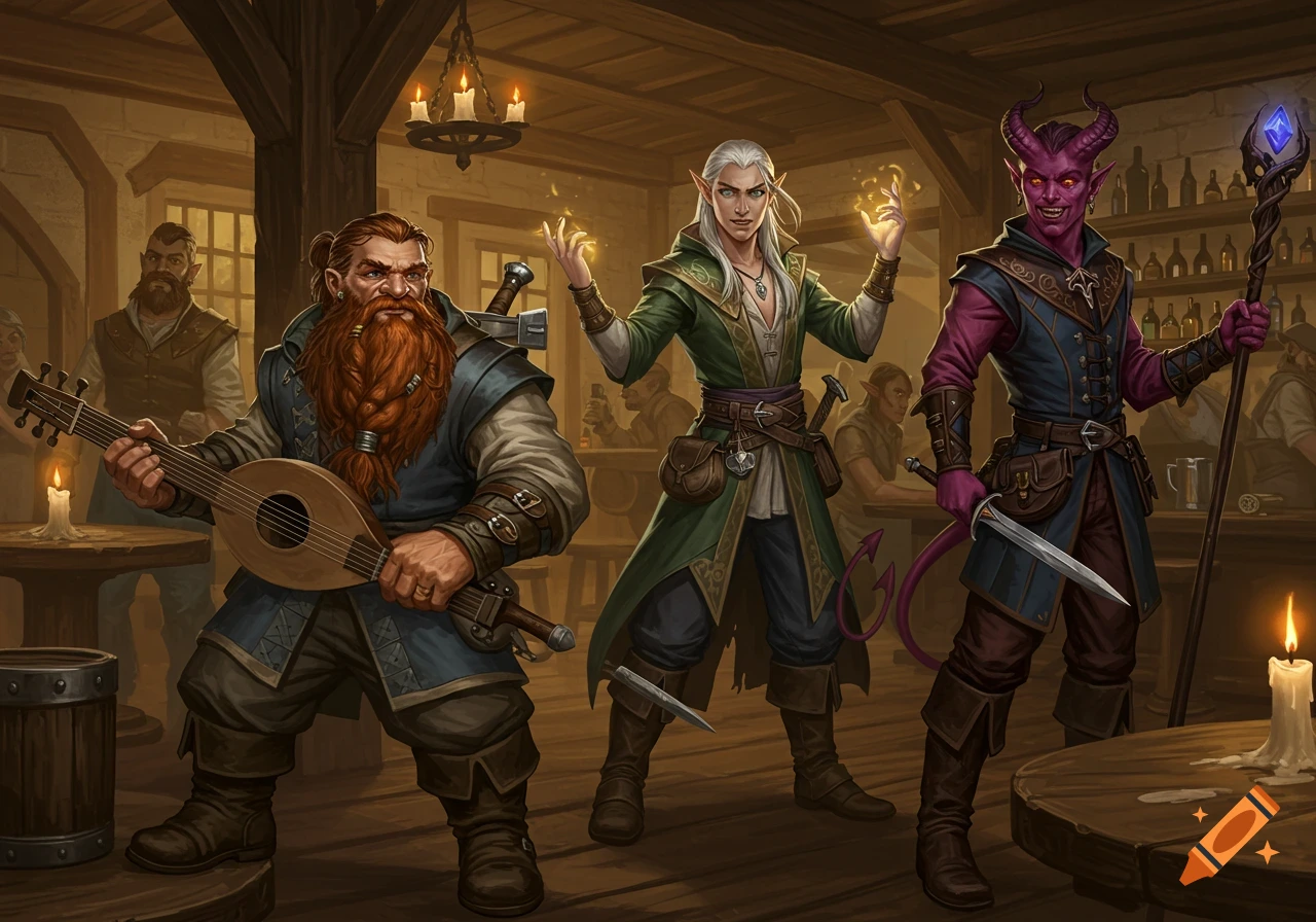 A dwarf playing a lute, an elf casting magic, and a tiefling holding a staff and dagger stand in a busy tavern.