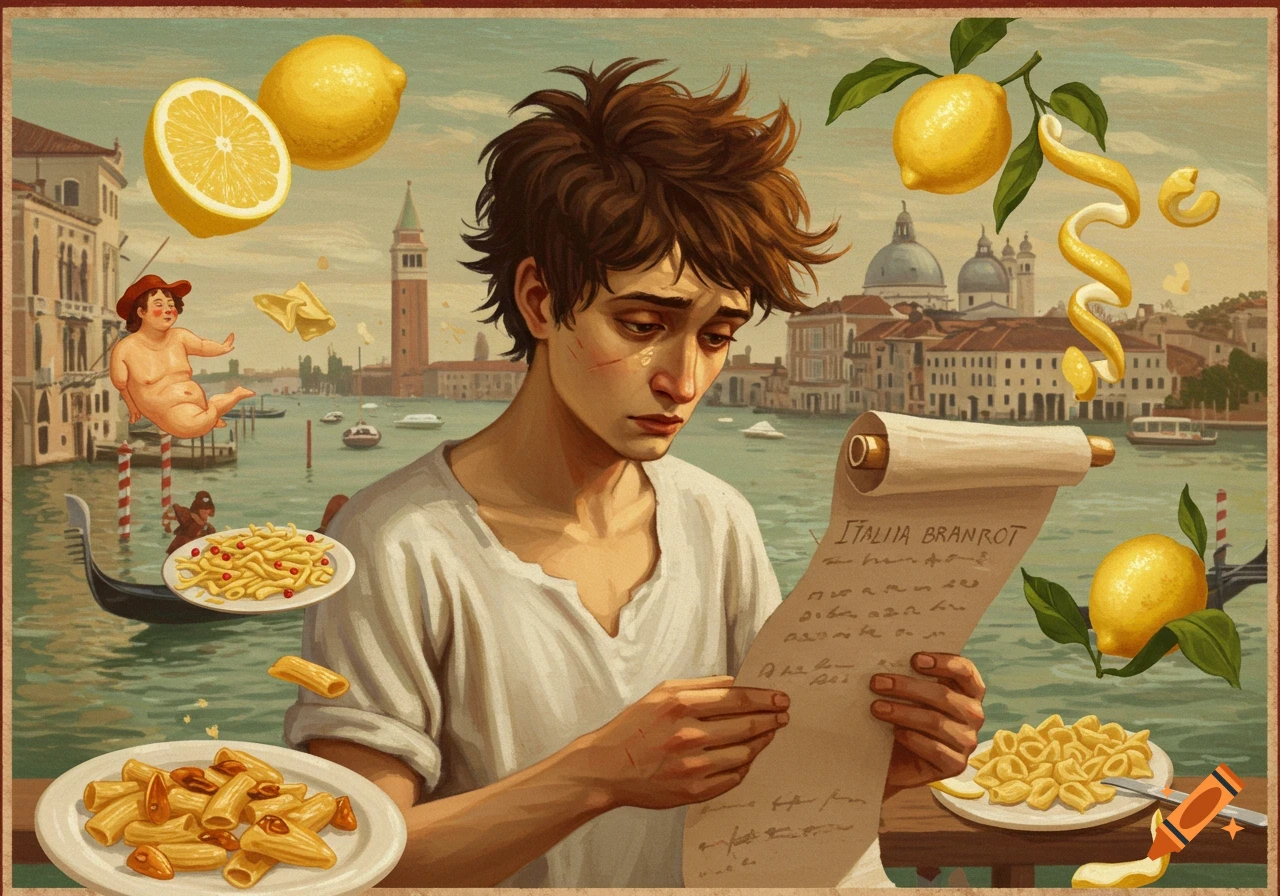 A stylized painting of a man holding a scroll in Venice with floating pasta and lemons.