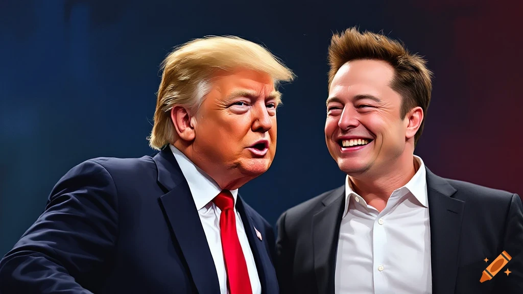 Digital painting of Donald Trump and Elon Musk looking and reacting
