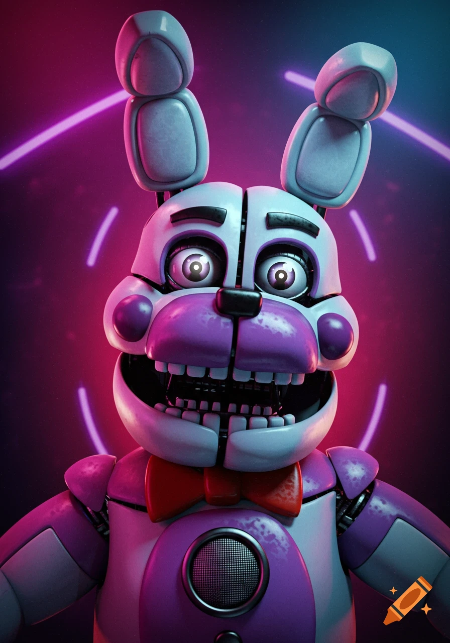 Close-up of Funtime Bonnie, a white and purple animatronic rabbit, against a background with neon rings.