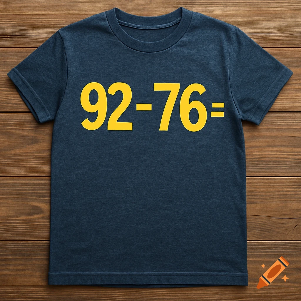 Navy blue t-shirt with '92 - 76 =' printed in yellow