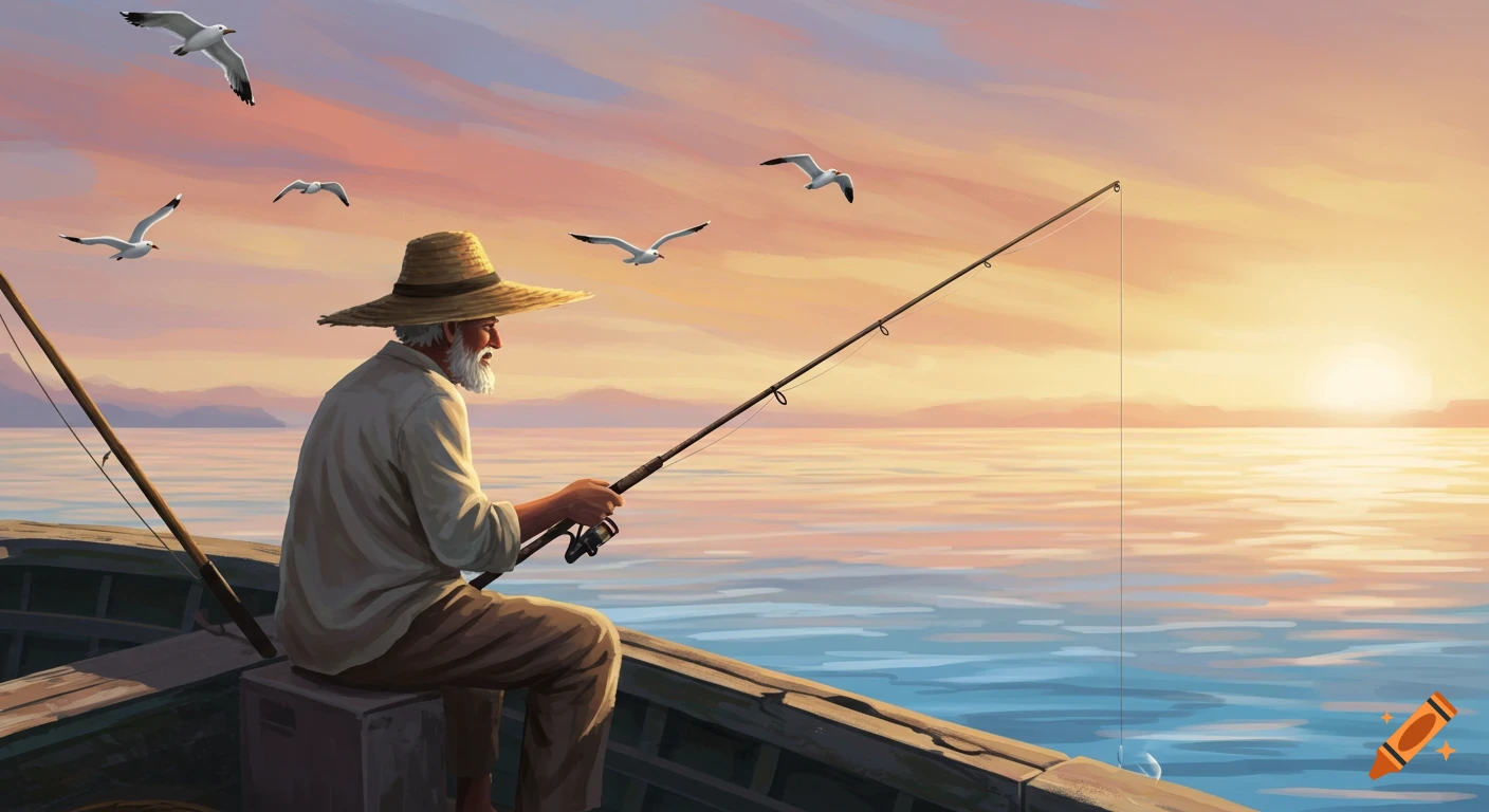 Painting of an old man fishing from a boat at sunrise with seagulls flying overhead.