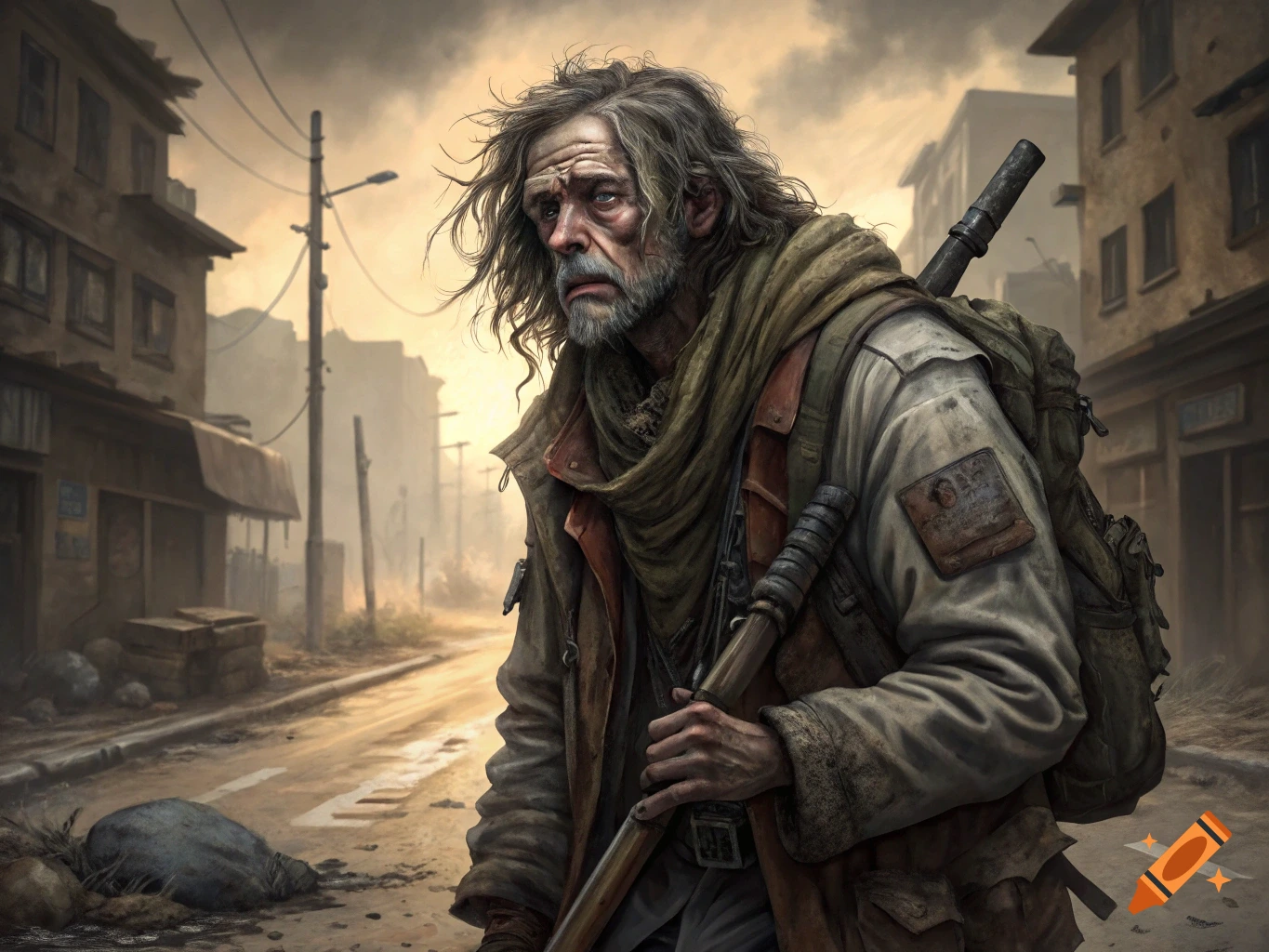 A grizzled survivor with a rifle and backpack stands in a ruined city street.