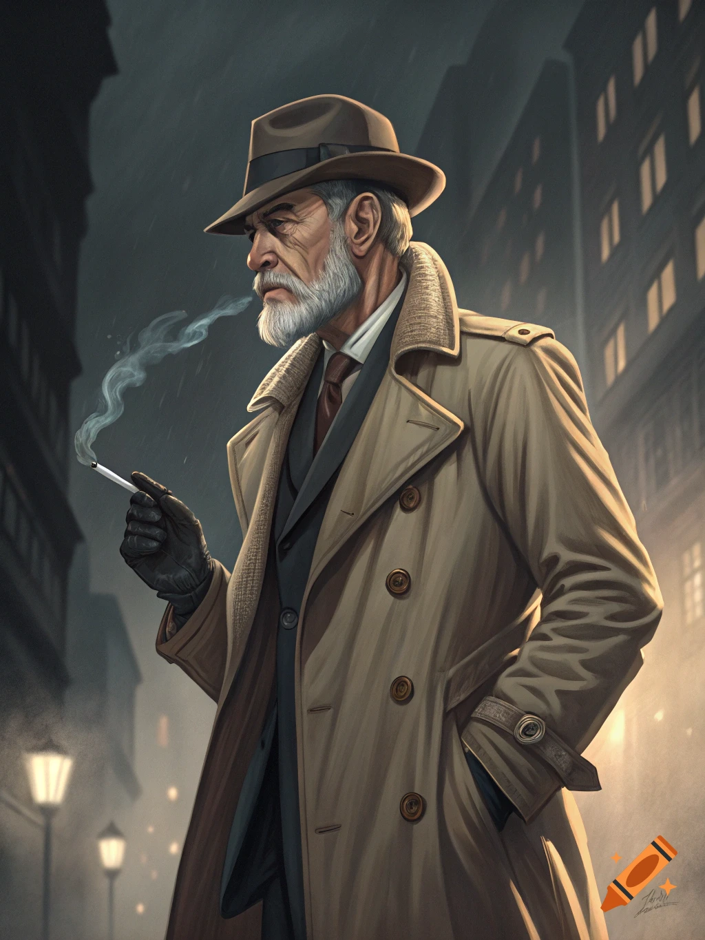 An older man in a trench coat and hat smokes a cigarette in a rainy city street.