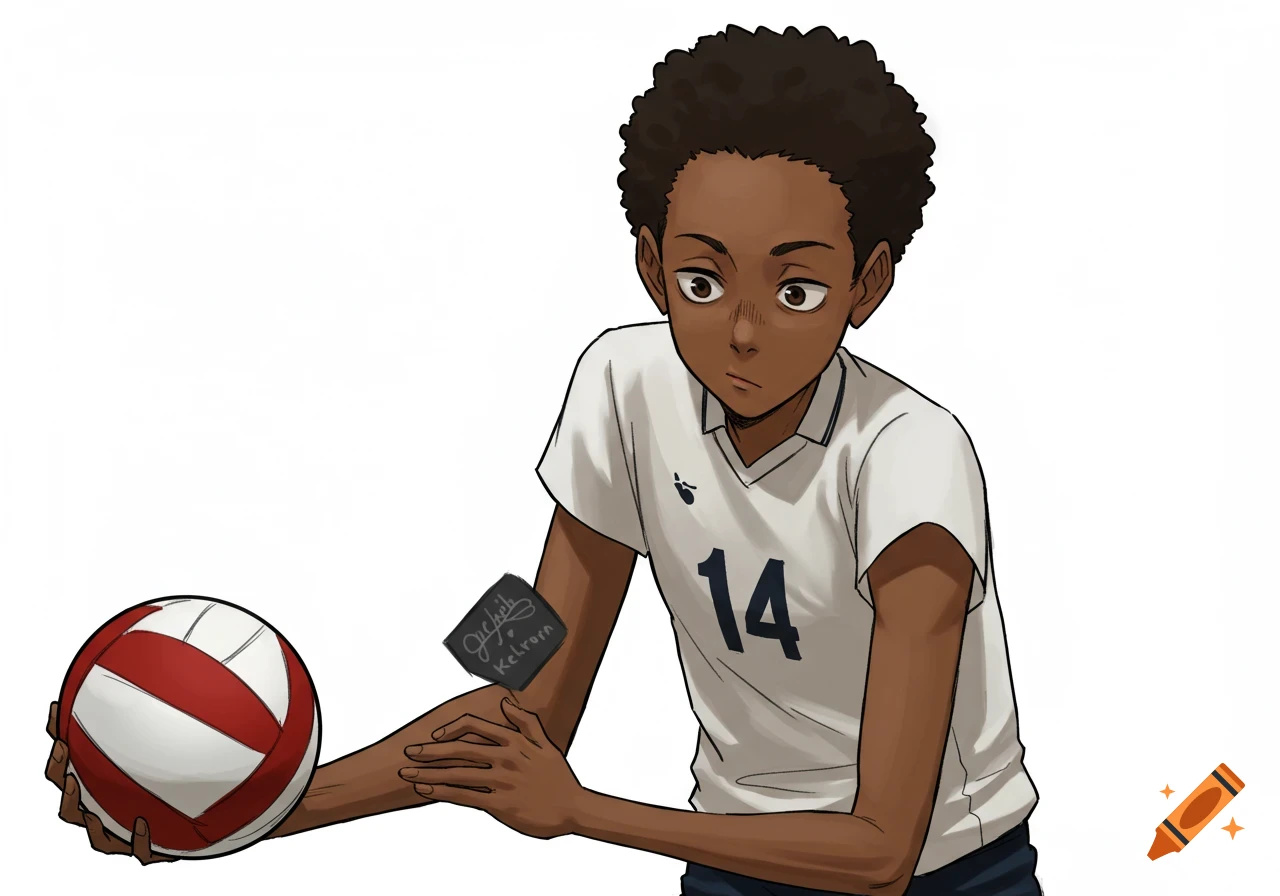 Anime style illustration of a young boy in a volleyball uniform holding a volleyball.