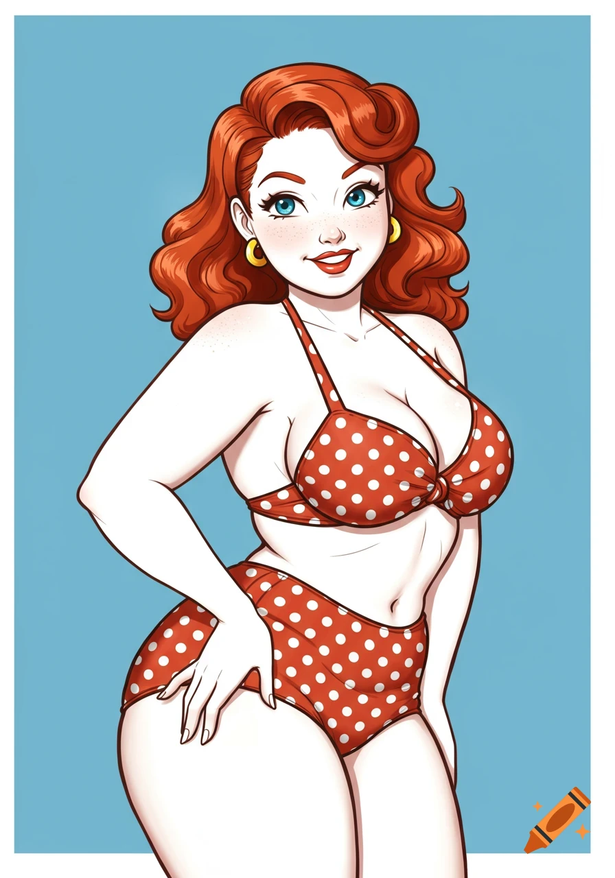Retro illustration of a woman in a red polka dot bikini