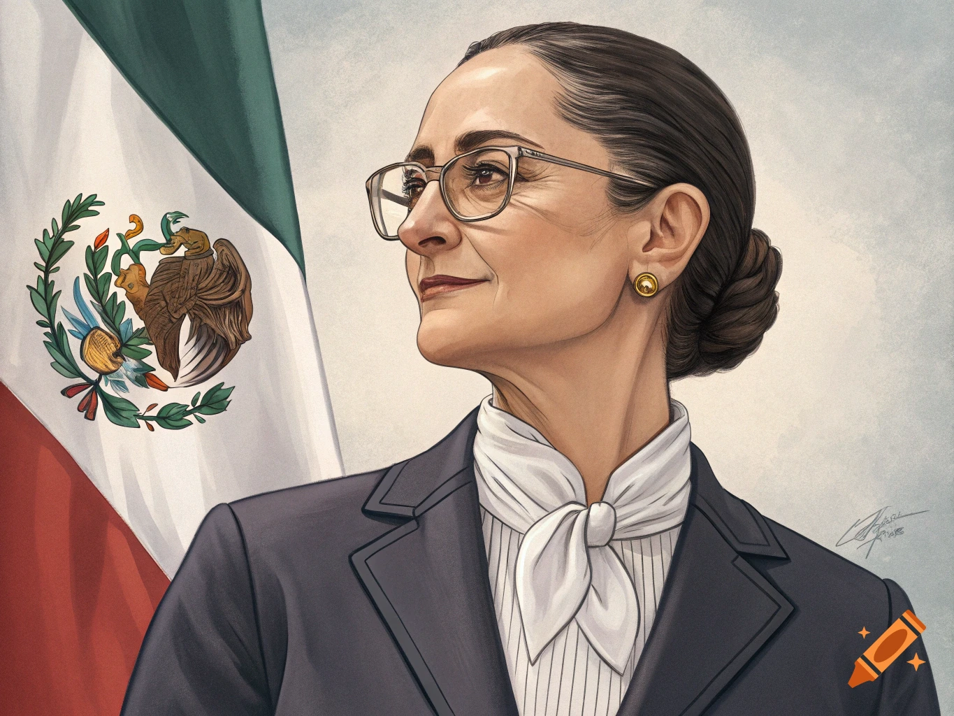 Digital illustration of a woman resembling Claudia Sheinbaum in a suit, standing in front of a Mexican flag.