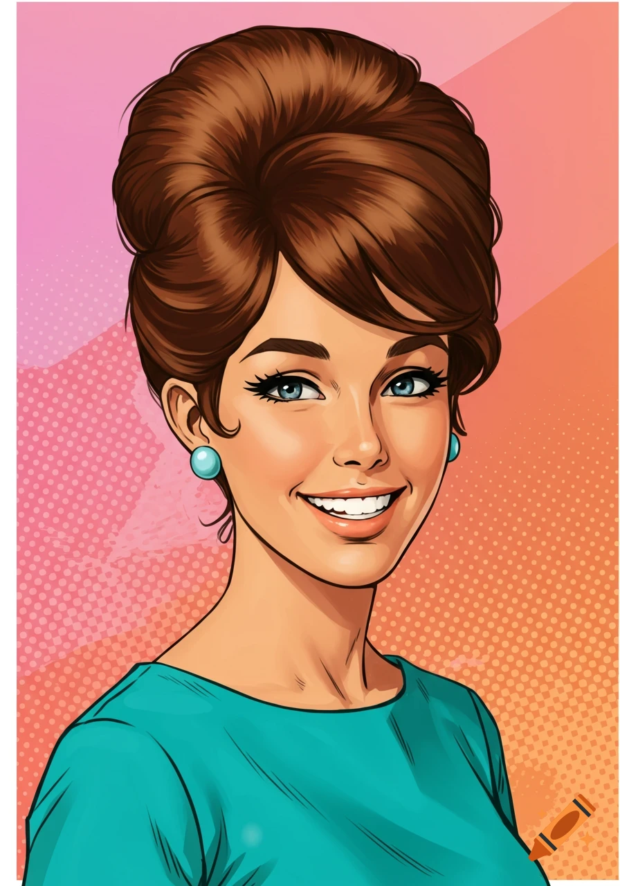 Pop art portrait of a smiling woman with a beehive hairstyle and blue earrings.