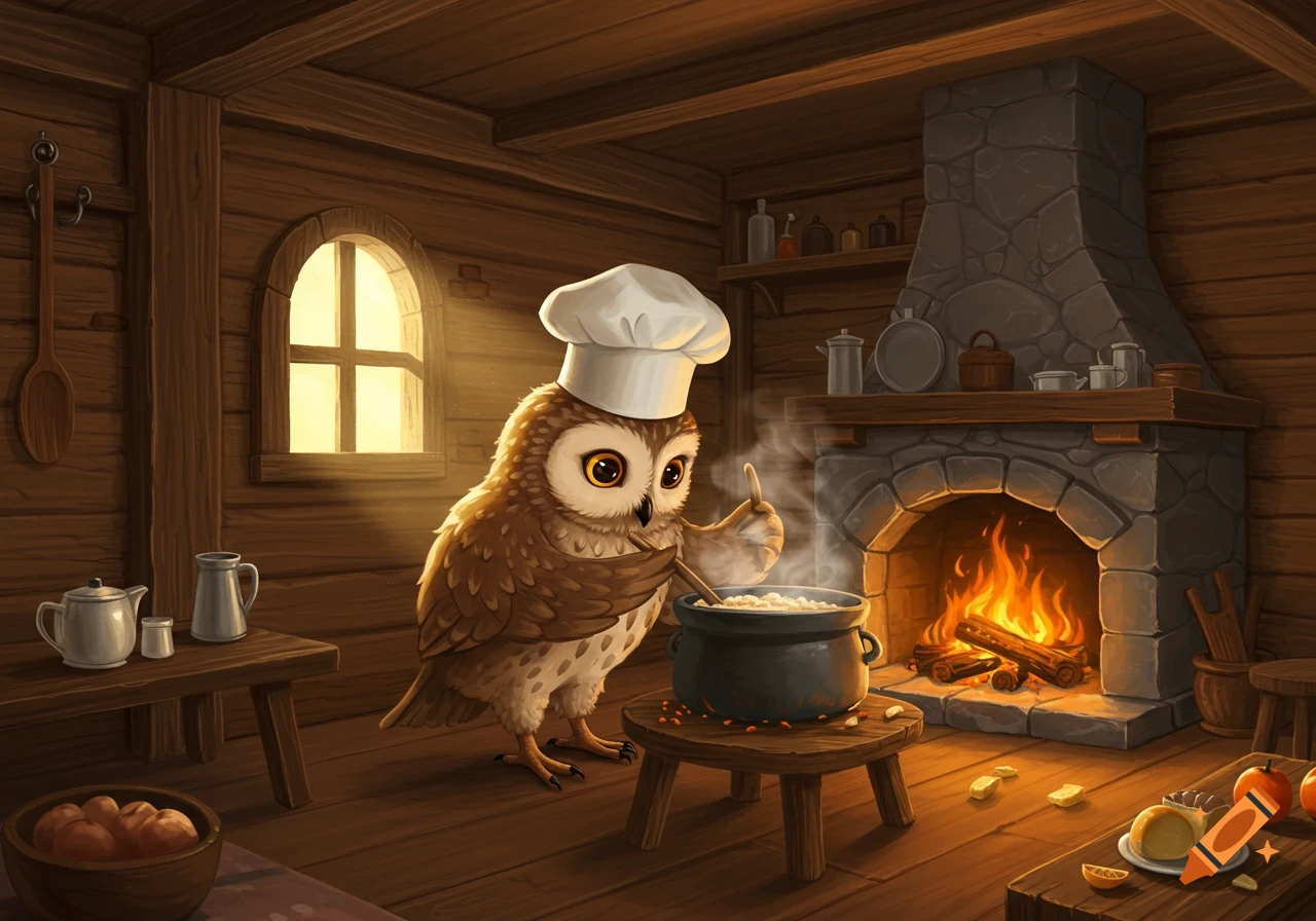 An illustrated owl chef stirs porridge in a rustic lodge kitchen.