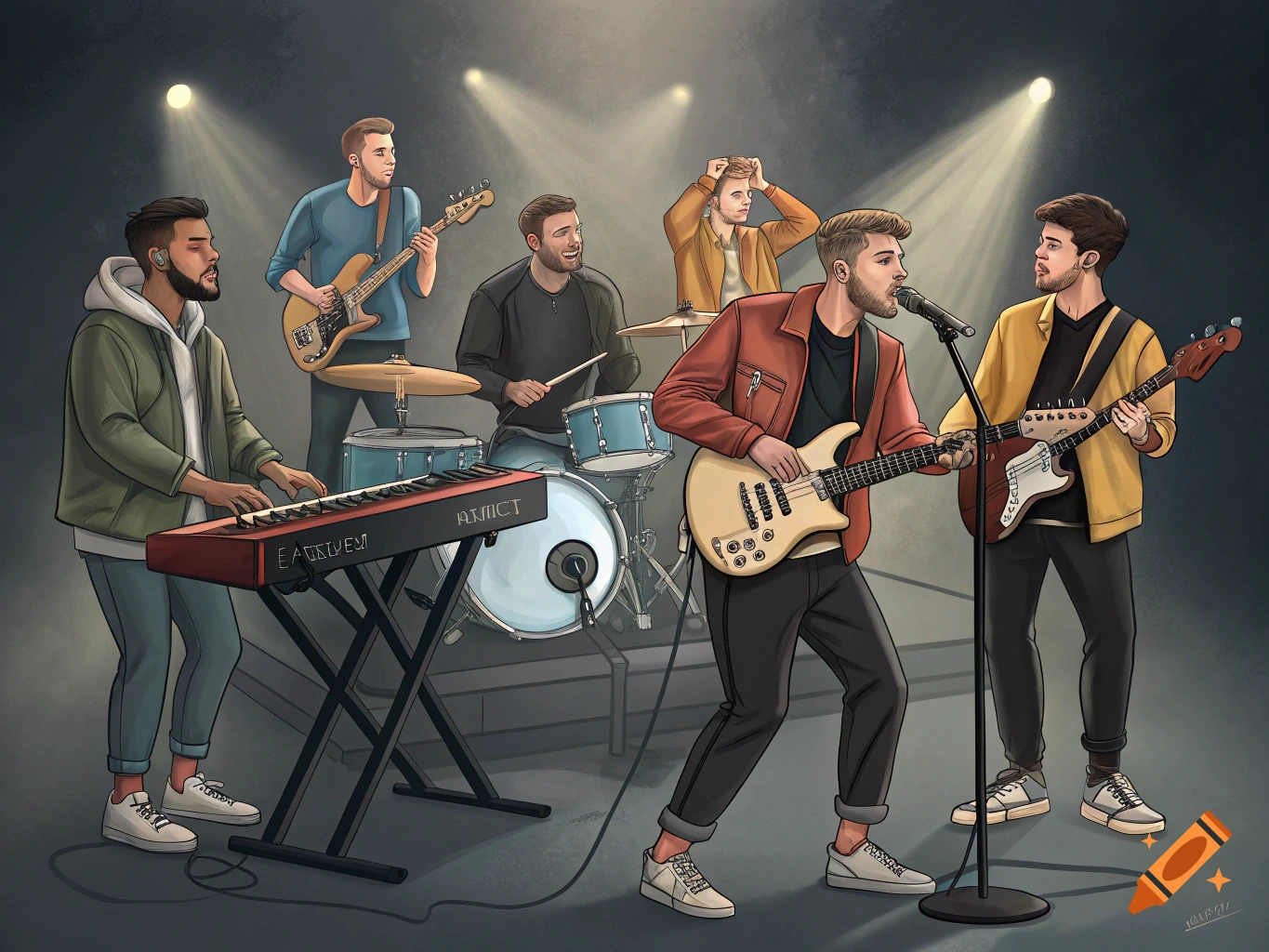 Illustration of a band playing music on a stage with spotlights.