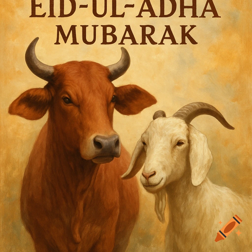 A painting of a cow and a goat with "EID-UL-ADHA MUBARAK" text at the top.