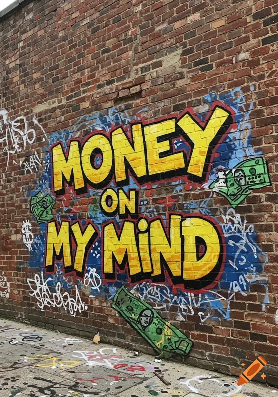 Graffiti reading "MONEY ON MY MIND" on a brick wall, with illustrations of dollar bills