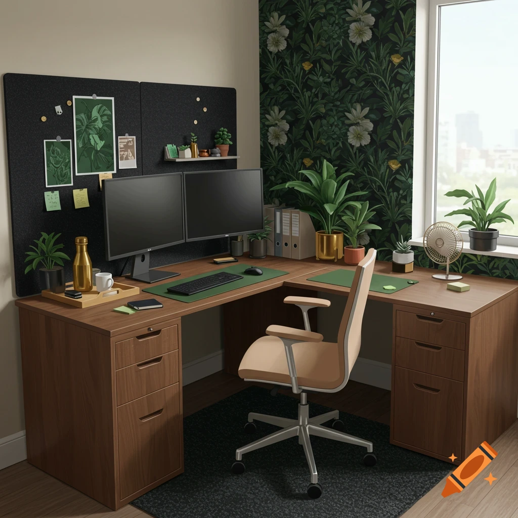 A corner office desk with two monitors, plants, and office supplies, against a floral wallpaper and window.