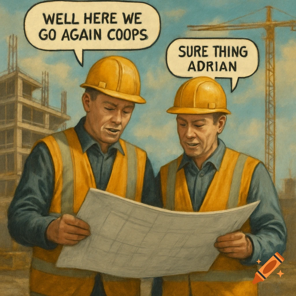 Two construction workers in hard hats and vests look at a blueprint with speech bubbles, painted style.