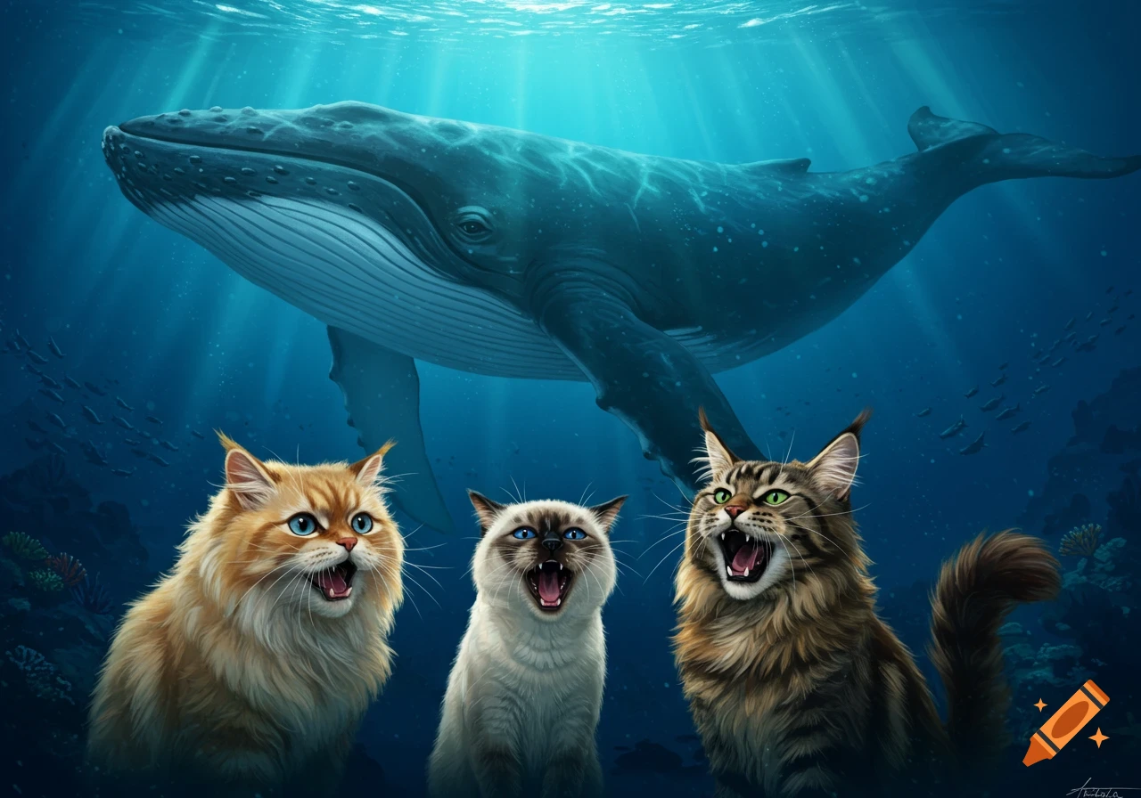 Three cats with wide-open mouths underwater looking at a whale.