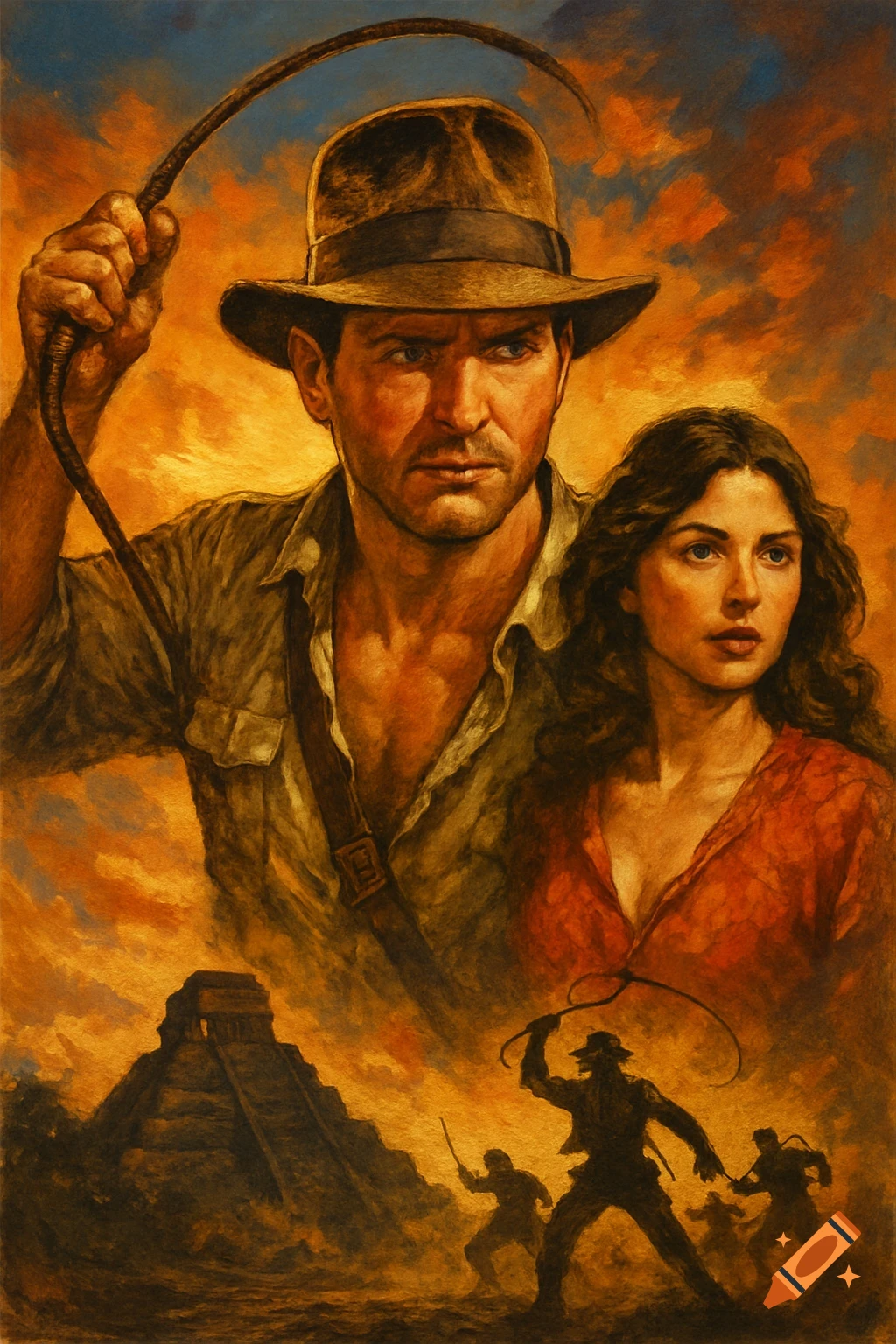 Painterly movie poster showing a man in a fedora holding a whip, a woman, an ancient temple, and small figures.