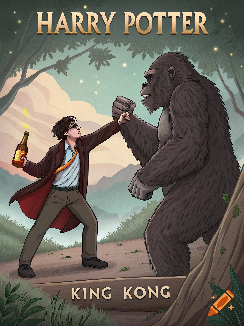 Cartoon illustration of Harry Potter shaking hands with King Kong in a forest. Text reads 'HARRY POTTER' and 'KING KONG'.