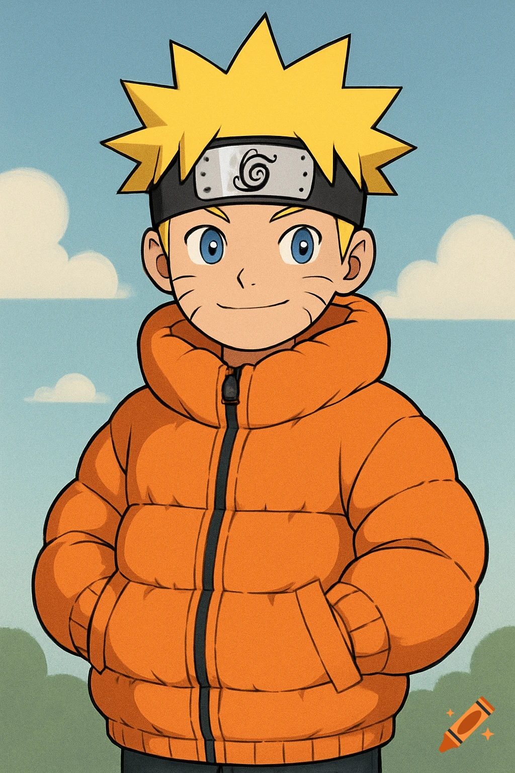 Animated drawing of a boy with spiky yellow hair, a headband, and an orange puffy jacket, smiling.