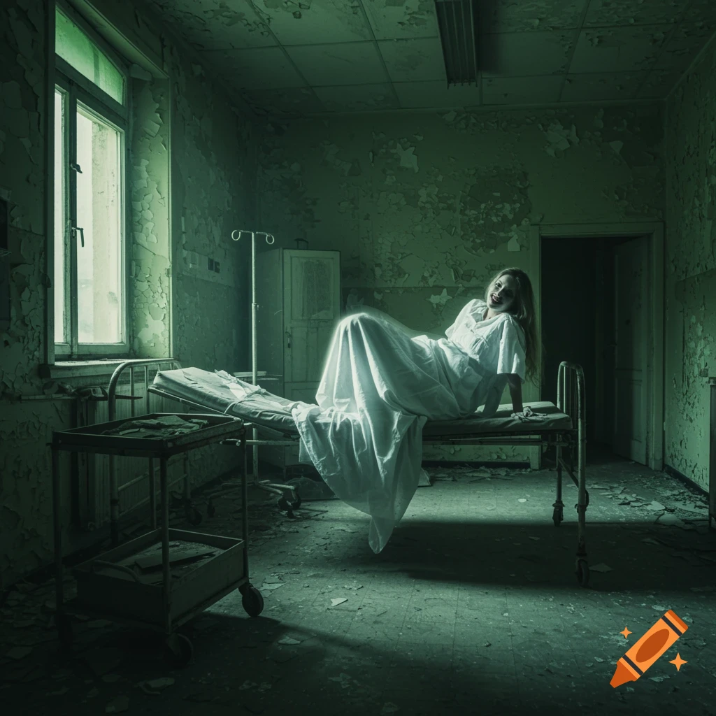 Spooky figure on a bed in a dilapidated hospital room with peeling paint.