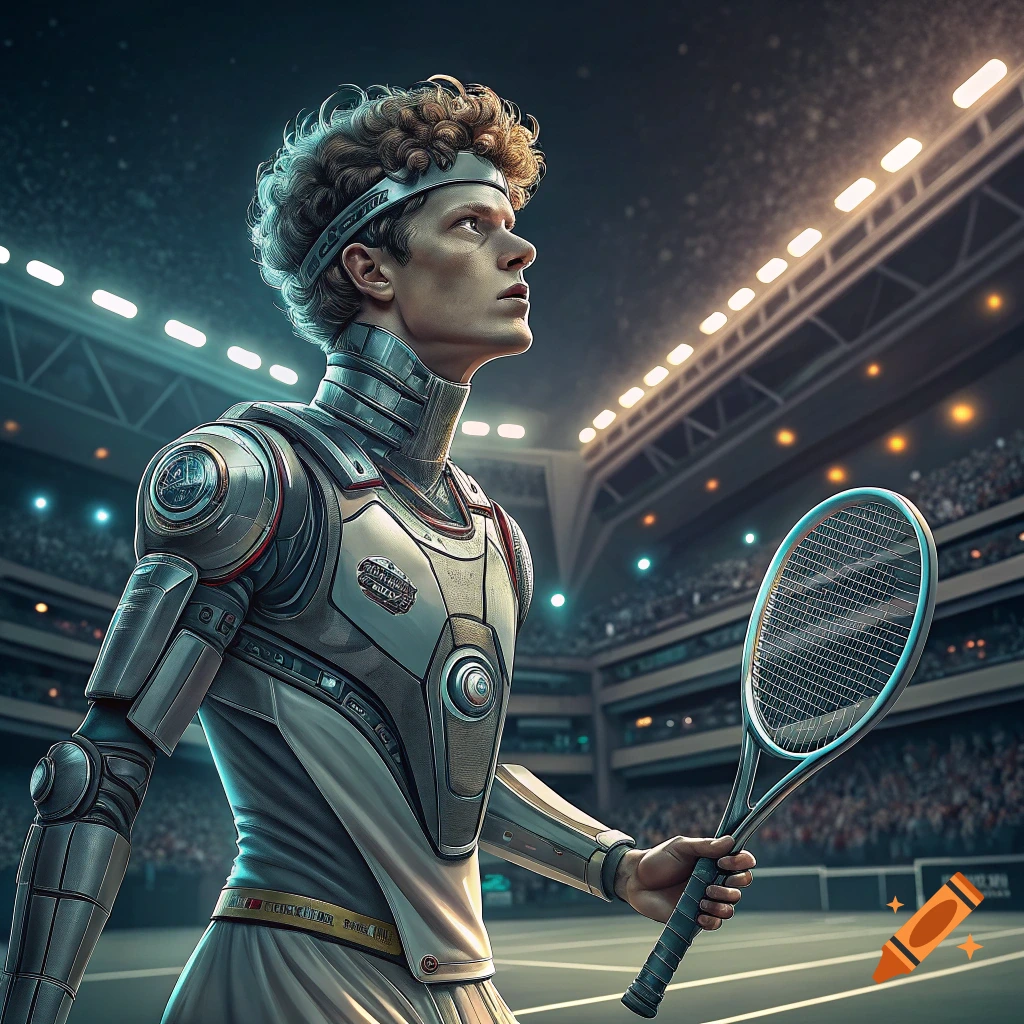A futuristic robotic tennis player stands in a stadium holding a racket.