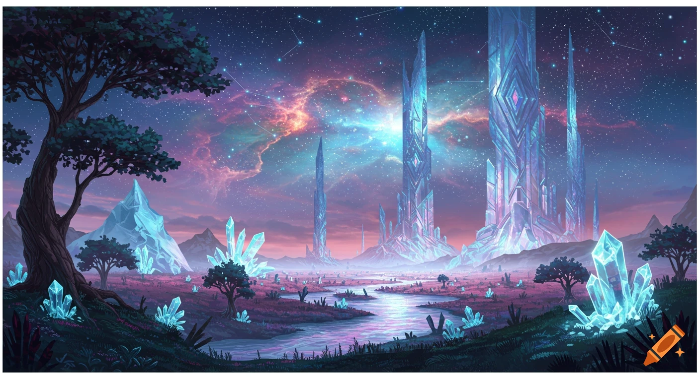 Fantasy landscape with crystal towers, glowing crystals, river, and starry sky with nebula.