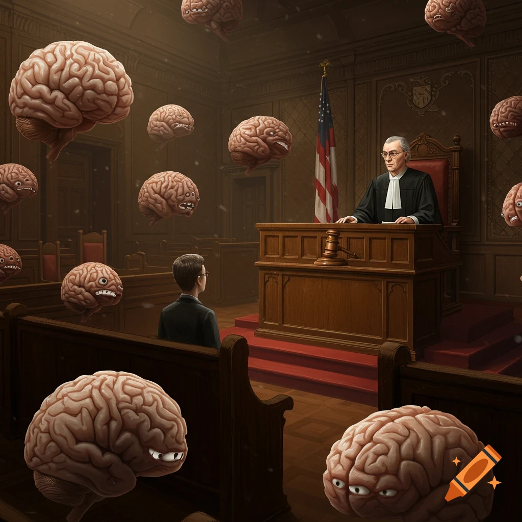 A judge presides in a courtroom where floating brains with faces serve as the jury.