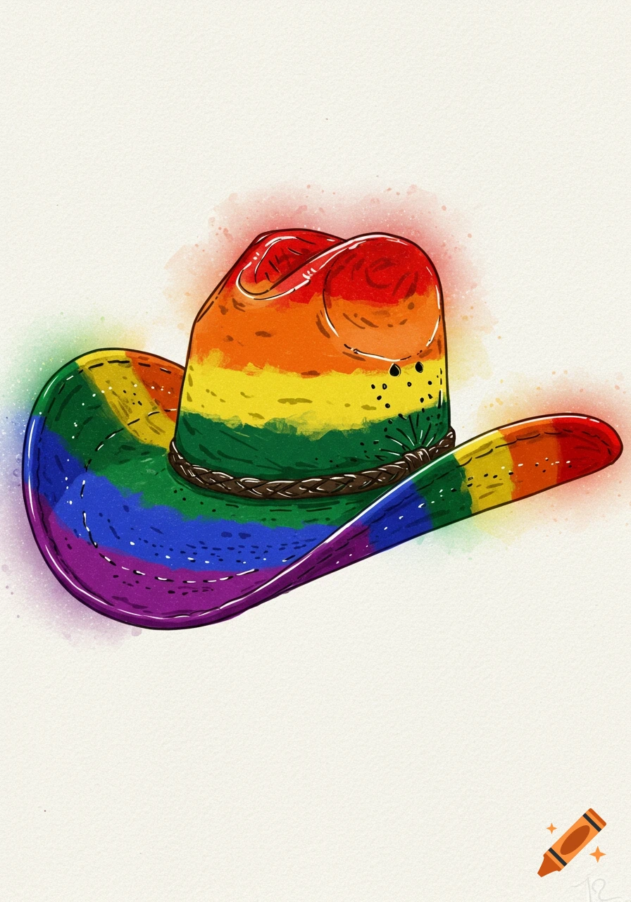 Watercolor illustration of a rainbow pride cowboy hat
