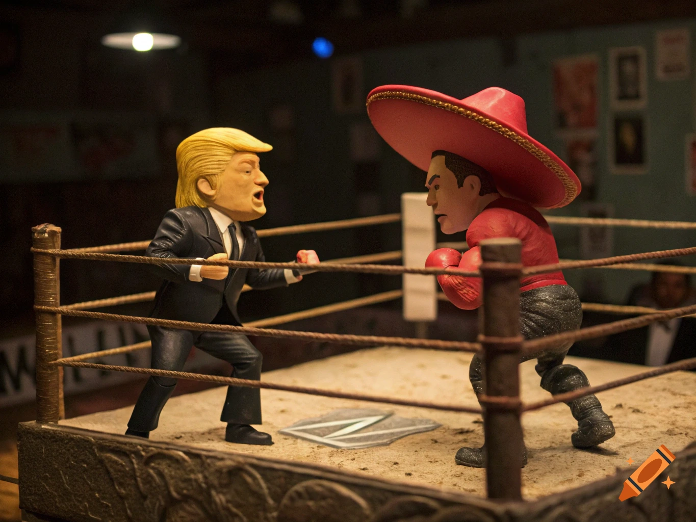 Claymation figures of Trump and Musk boxing in a ring. Trump in a suit, Musk in a red sombrero and gloves.