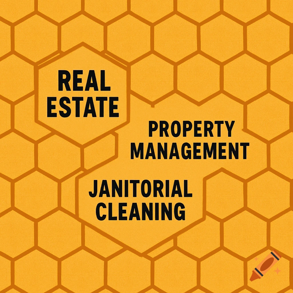 Logo with "Real Estate", "Property Management", and "Janitorial Cleaning" text on an orange honeycomb pattern.
