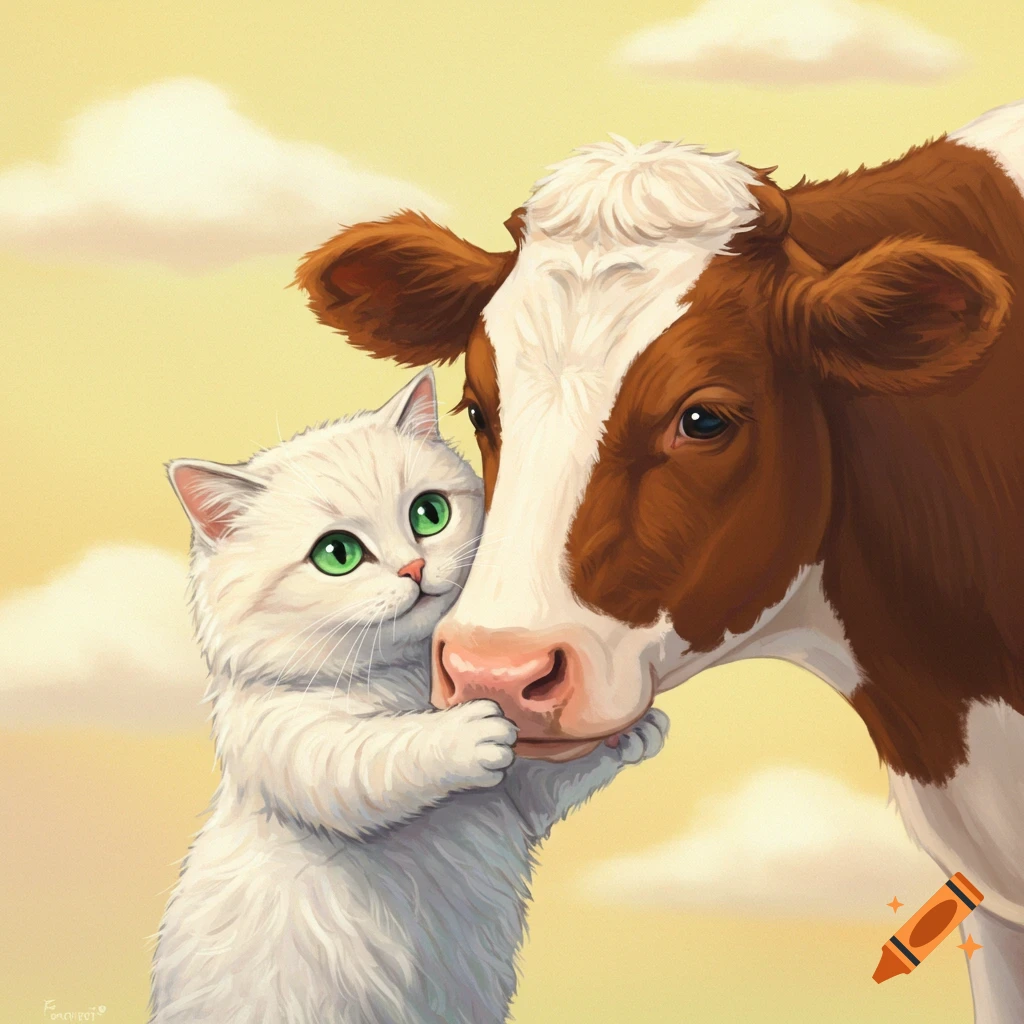 A white cat hugs a cow in a painterly style.